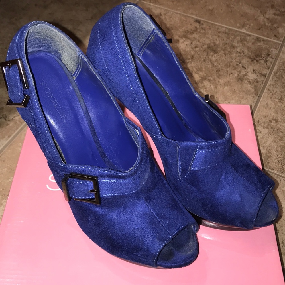 Blue suede platform heels